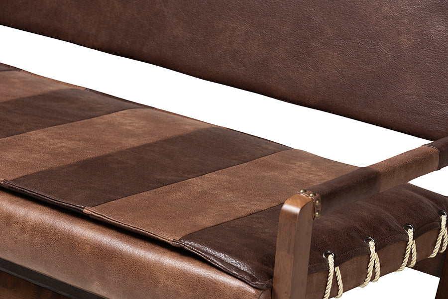 Baxton Studio Rovelyn Rustic Brown Faux Leather Upholstered Walnut Finished Wood Sofa