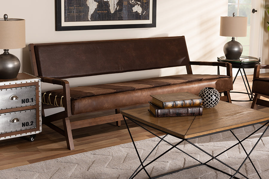 Baxton Studio Rovelyn Rustic Brown Faux Leather Upholstered Walnut Finished Wood Sofa