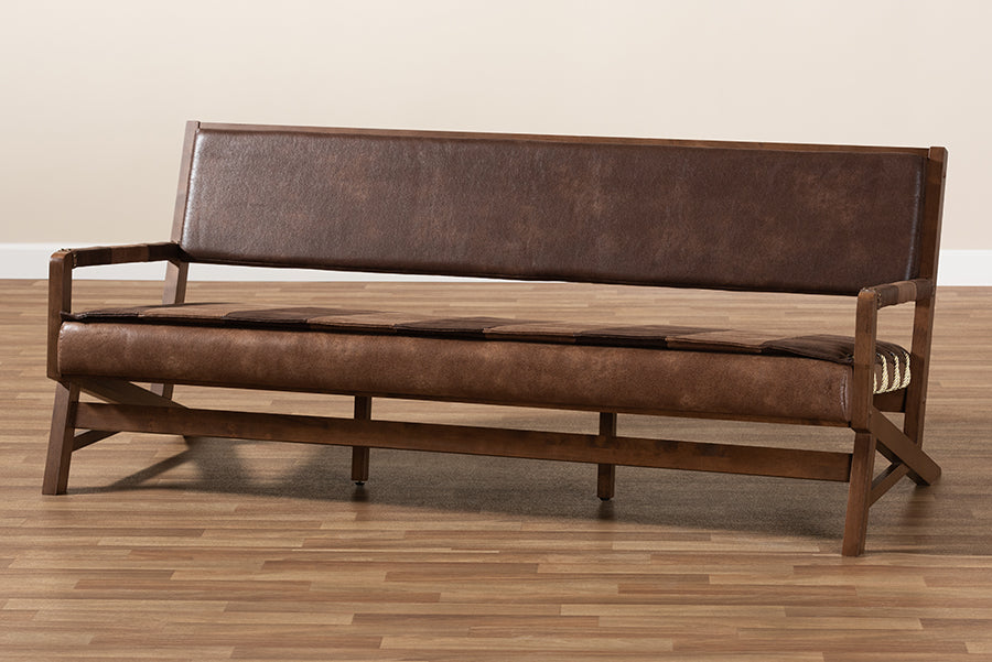 Baxton Studio Rovelyn Rustic Brown Faux Leather Upholstered Walnut Finished Wood Sofa