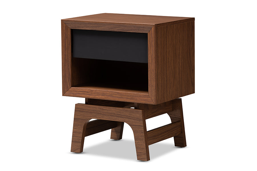 Baxton Studio Svante Mid-Century Modern Walnut Brown and Dark Gray Finished Wood 1-Drawer Nightstand