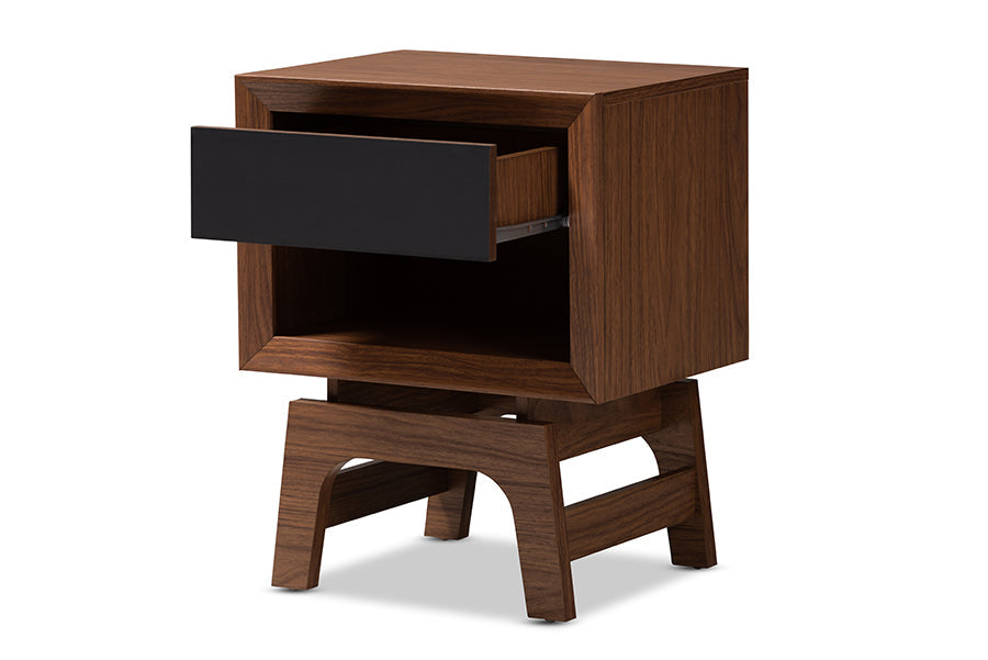 Baxton Studio Svante Mid-Century Modern Walnut Brown and Dark Gray Finished Wood 1-Drawer Nightstand