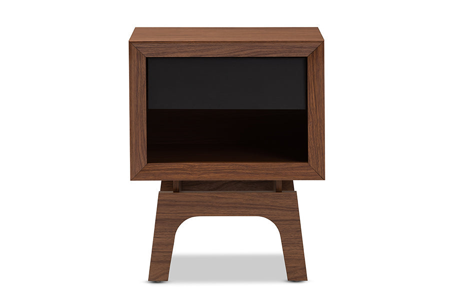 Baxton Studio Svante Mid-Century Modern Walnut Brown and Dark Gray Finished Wood 1-Drawer Nightstand