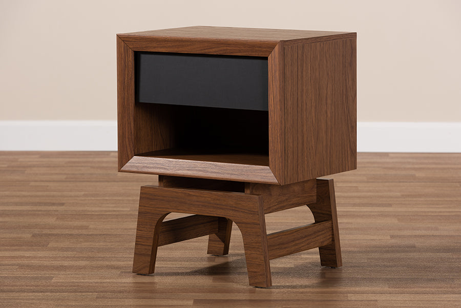 Baxton Studio Svante Mid-Century Modern Walnut Brown and Dark Gray Finished Wood 1-Drawer Nightstand