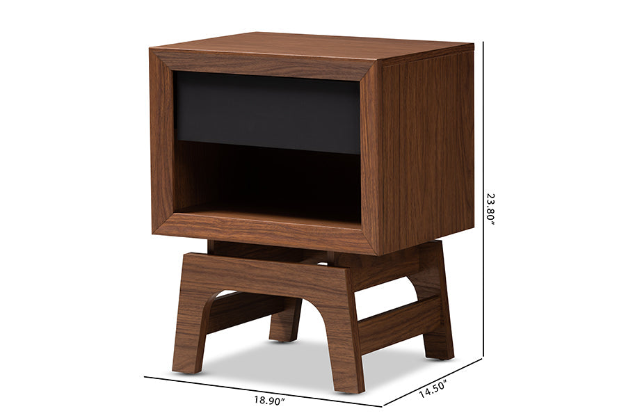 Baxton Studio Svante Mid-Century Modern Walnut Brown and Dark Gray Finished Wood 1-Drawer Nightstand