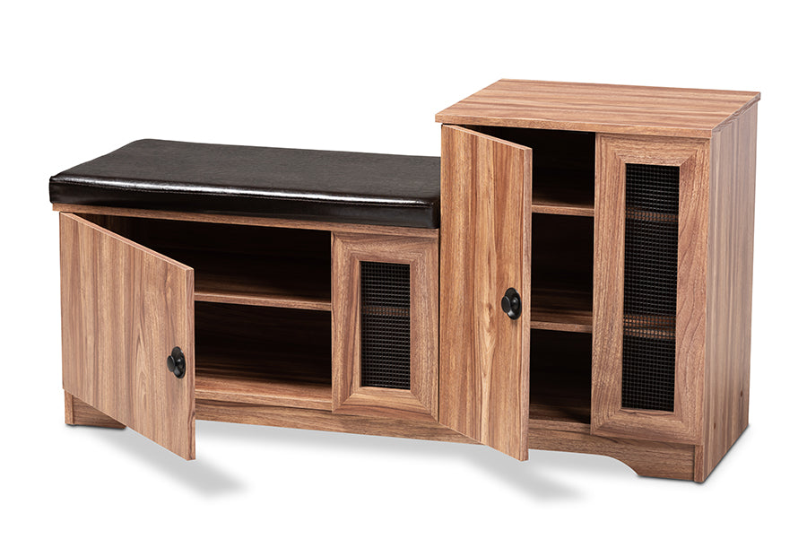 Baxton Studio Valina Modern and Contemporary Dark Brown Faux Leather Upholstered 2-Door Wood Shoe Storage Bench with Cabinet
