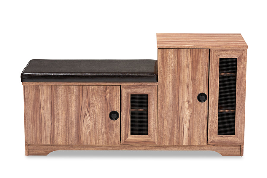 Baxton Studio Valina Modern and Contemporary Dark Brown Faux Leather Upholstered 2-Door Wood Shoe Storage Bench with Cabinet