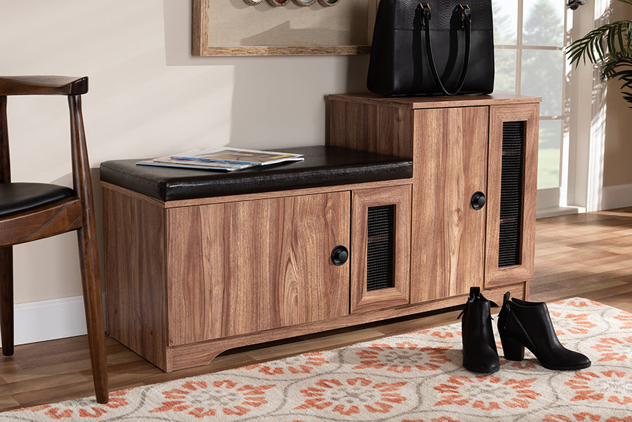 Baxton Studio Valina Modern and Contemporary Dark Brown Faux Leather Upholstered 2-Door Wood Shoe Storage Bench with Cabinet