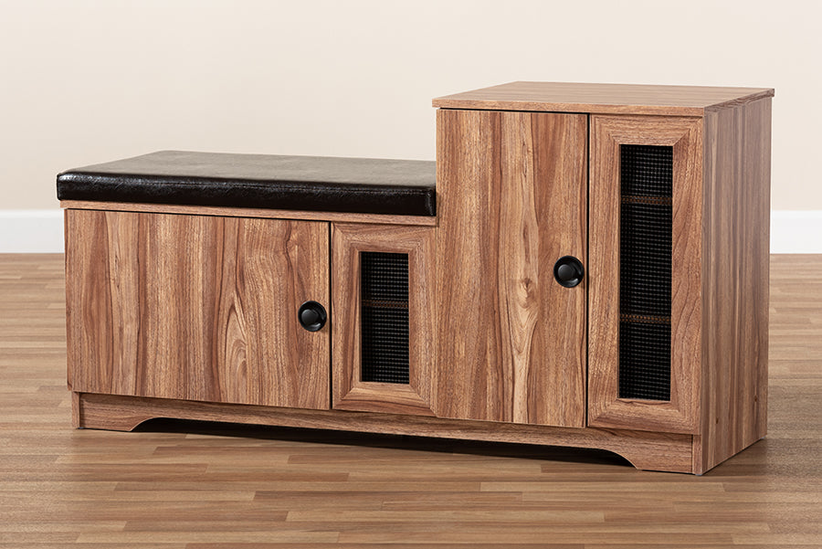 Baxton Studio Valina Modern and Contemporary Dark Brown Faux Leather Upholstered 2-Door Wood Shoe Storage Bench with Cabinet