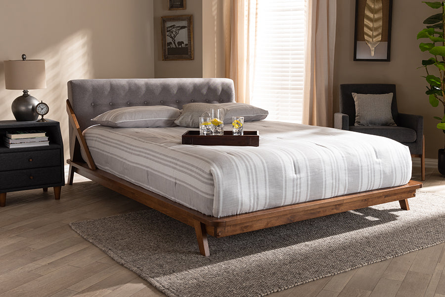 Baxton Studio Sante Mid-Century Modern Grey Fabric Upholstered Wood King Size Platform Bed