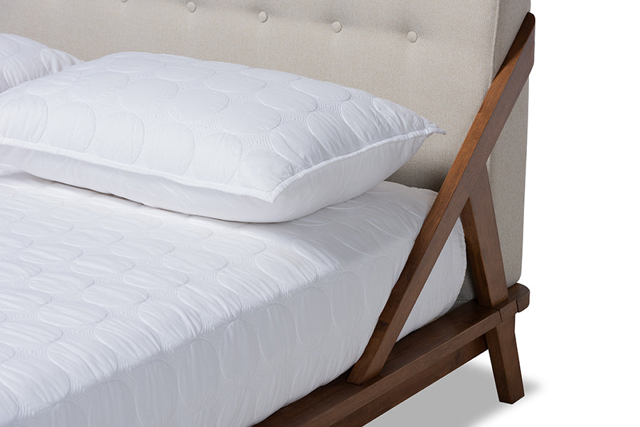 Baxton Studio Sante Mid-Century Modern Light Beige Fabric Upholstered Wood King Size Platform Bed