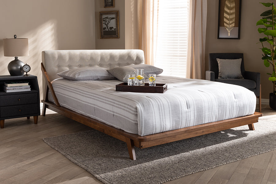 Baxton Studio Sante Mid-Century Modern Light Beige Fabric Upholstered Wood Full Size Platform Bed