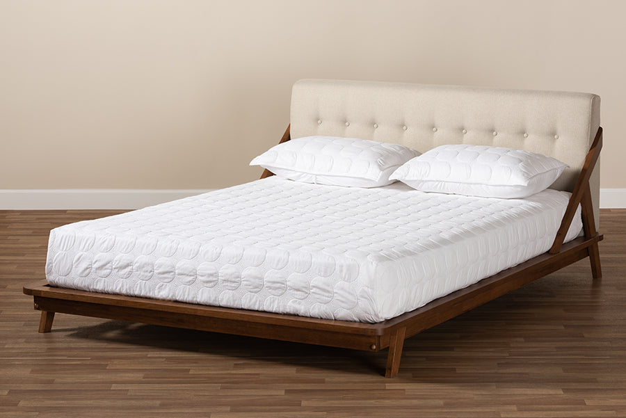 Baxton Studio Sante Mid-Century Modern Light Beige Fabric Upholstered Wood Queen Size Platform Bed