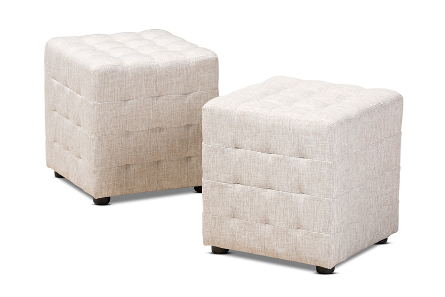 Baxton Studio Elladio Modern and Contemporary Beige Fabric Upholstered Tufted Cube Ottoman Set of 2