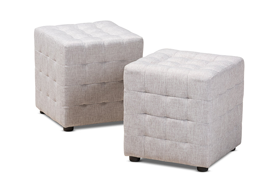 Baxton Studio Elladio Modern and Contemporary Greyish Beige Fabric Upholstered Tufted Cube Ottoman Set of 2