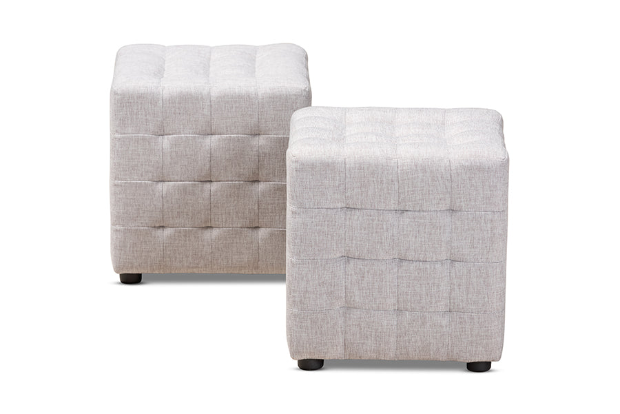 Baxton Studio Elladio Modern and Contemporary Greyish Beige Fabric Upholstered Tufted Cube Ottoman Set of 2