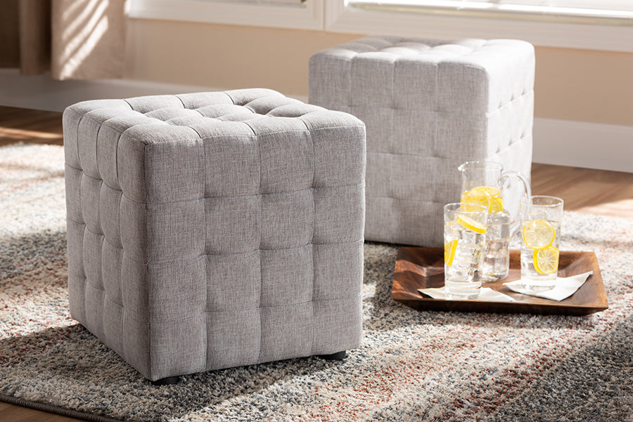 Baxton Studio Elladio Modern and Contemporary Greyish Beige Fabric Upholstered Tufted Cube Ottoman Set of 2