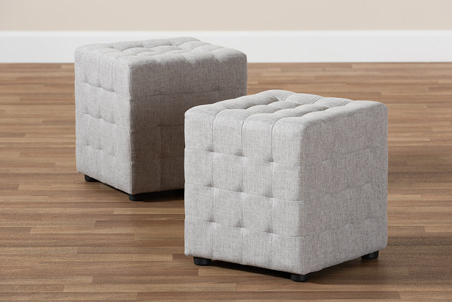 Baxton Studio Elladio Modern and Contemporary Greyish Beige Fabric Upholstered Tufted Cube Ottoman Set of 2