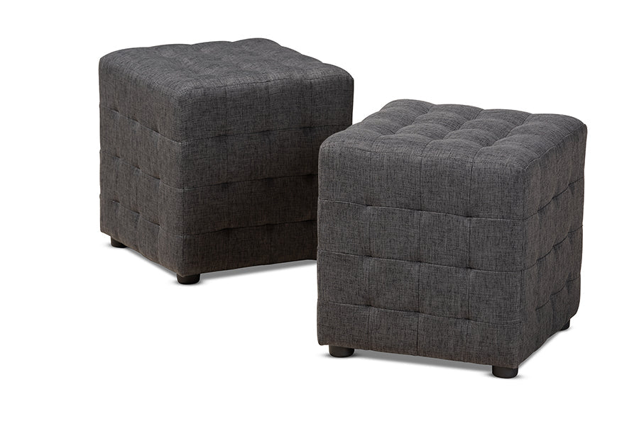 Baxton Studio Elladio Modern and Contemporary Dark Grey Fabric Upholstered Tufted Cube Ottoman Set of 2