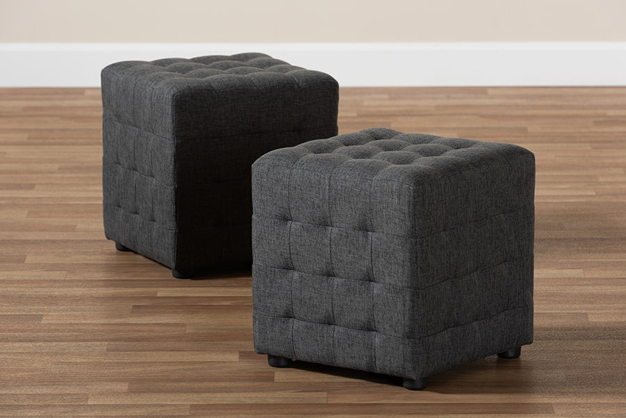 Baxton Studio Elladio Modern and Contemporary Dark Grey Fabric Upholstered Tufted Cube Ottoman Set of 2