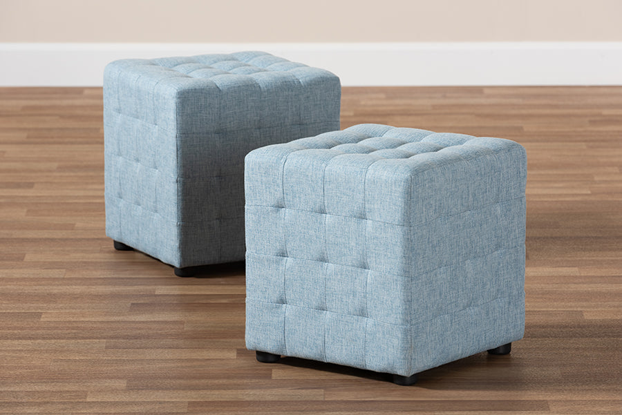Baxton Studio Elladio Modern and Contemporary Light Blue Fabric Upholstered Tufted Cube Ottoman Set of 2