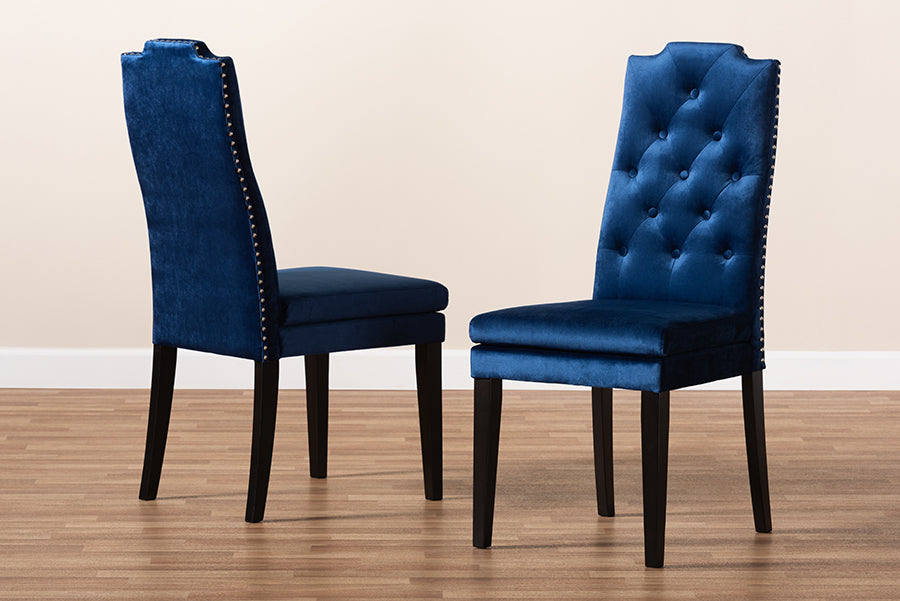 Baxton Studio Dylin Modern and Contemporary Navy Blue Velvet Fabric Upholstered Button Tufted Wood Dining Chair Set of 2