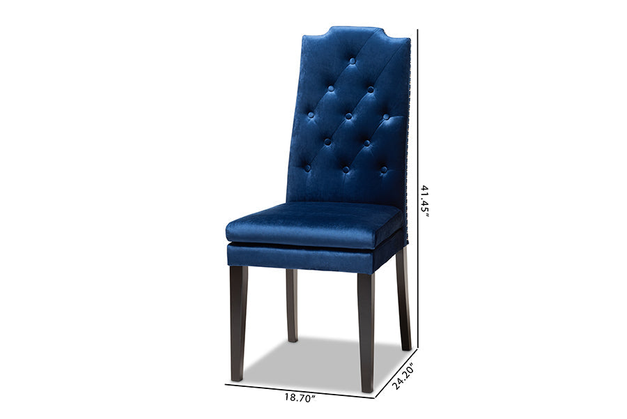 Baxton Studio Dylin Modern and Contemporary Navy Blue Velvet Fabric Upholstered Button Tufted Wood Dining Chair Set of 2