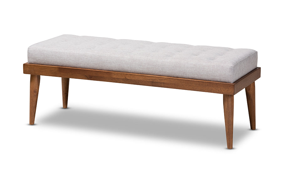 Baxton Studio Linus Mid-Century Modern Greyish Beige Fabric Upholstered and Button Tufted Wood Bench