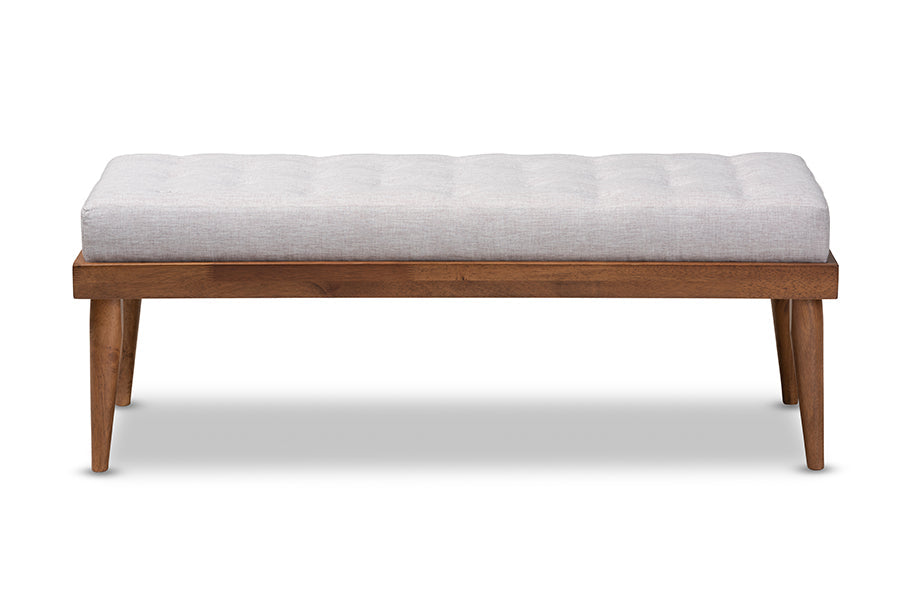 Baxton Studio Linus Mid-Century Modern Greyish Beige Fabric Upholstered and Button Tufted Wood Bench