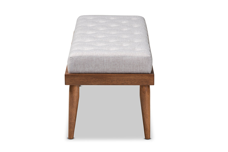 Baxton Studio Linus Mid-Century Modern Greyish Beige Fabric Upholstered and Button Tufted Wood Bench