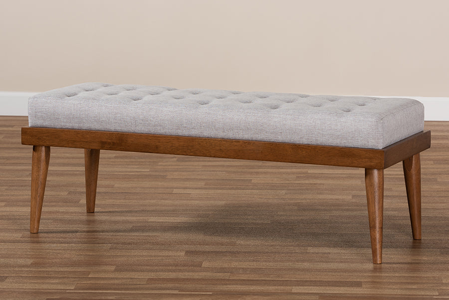 Baxton Studio Linus Mid-Century Modern Greyish Beige Fabric Upholstered and Button Tufted Wood Bench