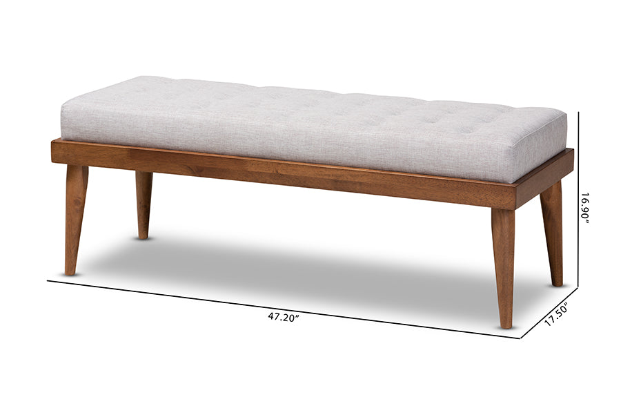 Baxton Studio Linus Mid-Century Modern Greyish Beige Fabric Upholstered and Button Tufted Wood Bench