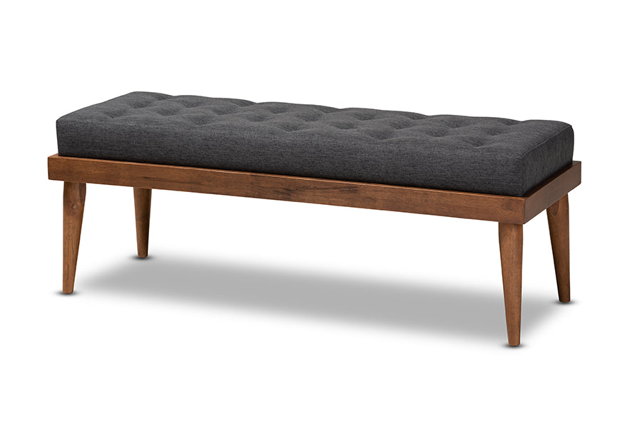 Baxton Studio Linus Mid-Century Modern Dark Grey Fabric Upholstered and Button Tufted Wood Bench