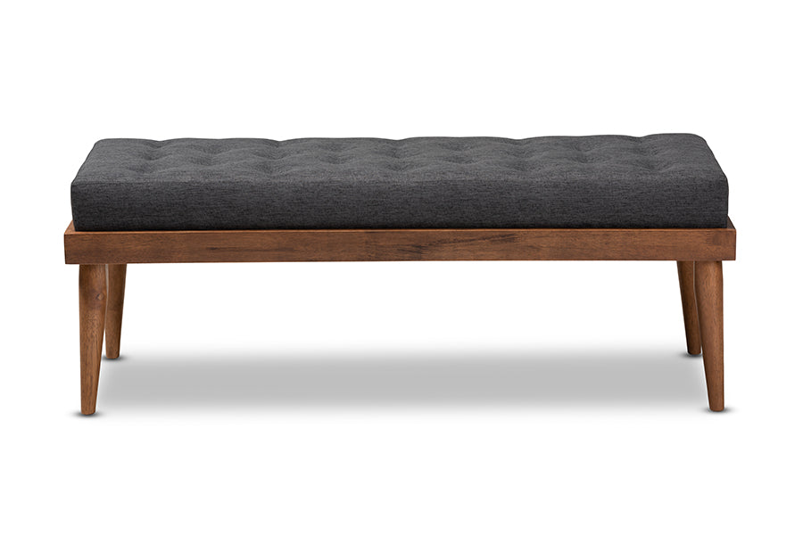 Baxton Studio Linus Mid-Century Modern Dark Grey Fabric Upholstered and Button Tufted Wood Bench