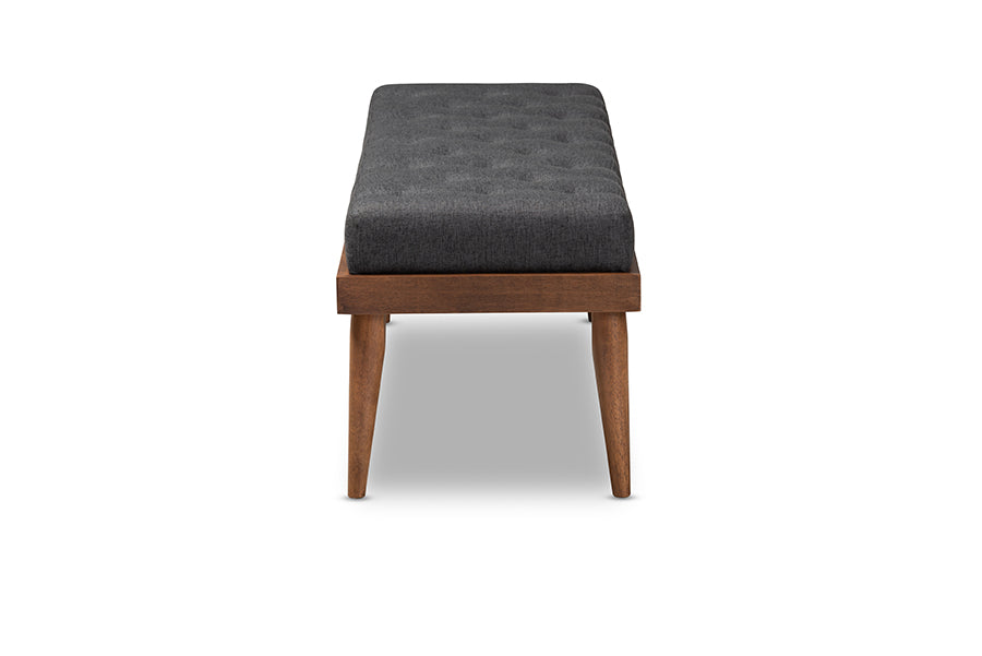 Baxton Studio Linus Mid-Century Modern Dark Grey Fabric Upholstered and Button Tufted Wood Bench
