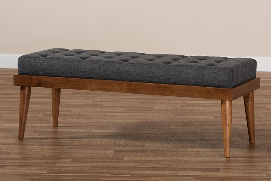 Baxton Studio Linus Mid-Century Modern Dark Grey Fabric Upholstered and Button Tufted Wood Bench
