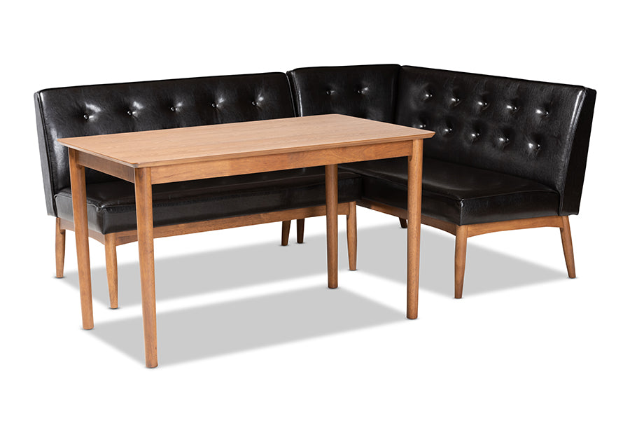 Baxton Studio Arvid Mid-Century Modern Dark Brown Faux Leather Upholstered 3-Piece Wood Dining Nook Set