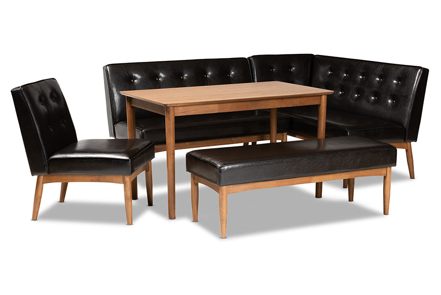 Baxton Studio Arvid Mid-Century Modern Dark Brown Faux Upholstered Leather 5-Piece Wood Dining Nook Set