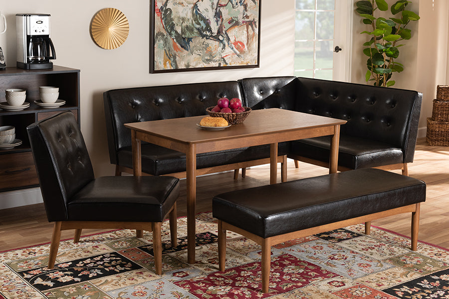 Baxton Studio Arvid Mid-Century Modern Dark Brown Faux Upholstered Leather 5-Piece Wood Dining Nook Set