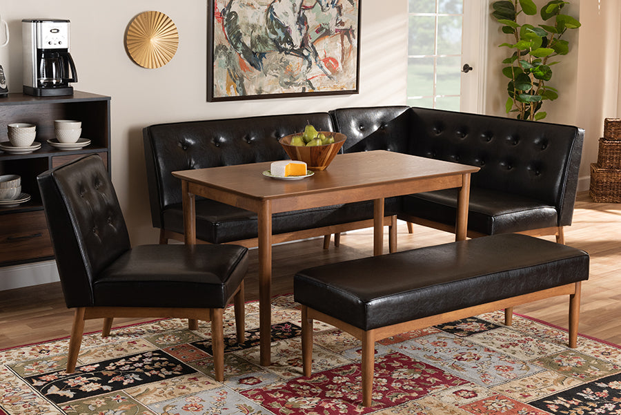 Baxton Studio Arvid Mid-Century Modern Dark Brown Faux Upholstered Leather 5-Piece Wood Dining Nook Set