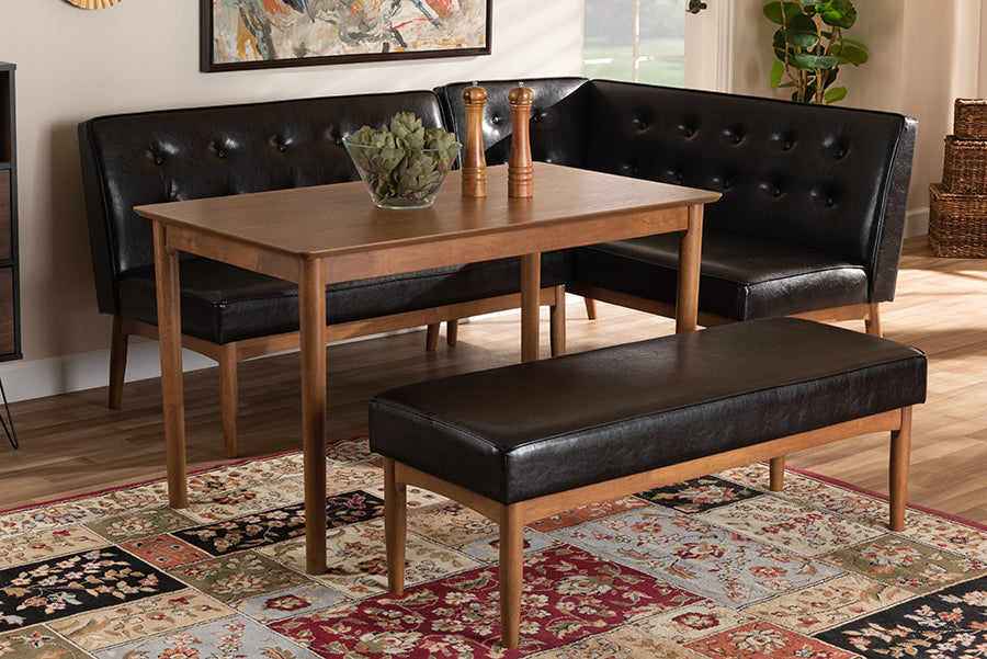 Baxton Studio Arvid Mid-Century Modern Dark Brown Faux Leather Upholstered 4-Piece Wood Dining Nook Set