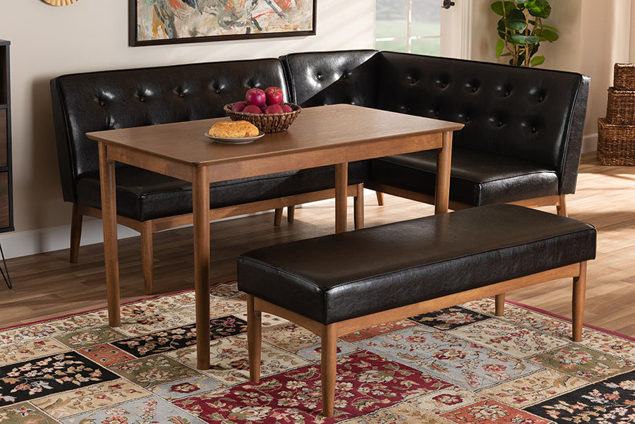 Baxton Studio Arvid Mid-Century Modern Dark Brown Faux Leather Upholstered 4-Piece Wood Dining Nook Set