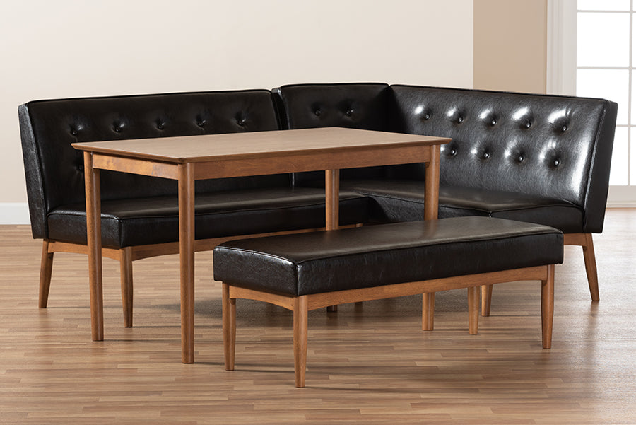 Baxton Studio Arvid Mid-Century Modern Dark Brown Faux Leather Upholstered 4-Piece Wood Dining Nook Set