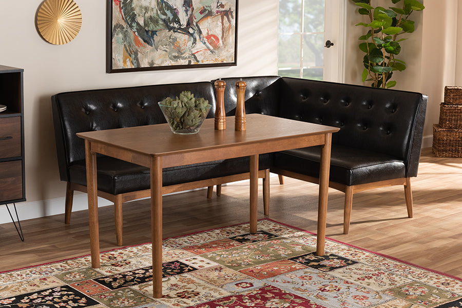 Baxton Studio Arvid Mid-Century Modern Dark Brown Faux Leather Upholstered 3-Piece Wood Dining Nook Set