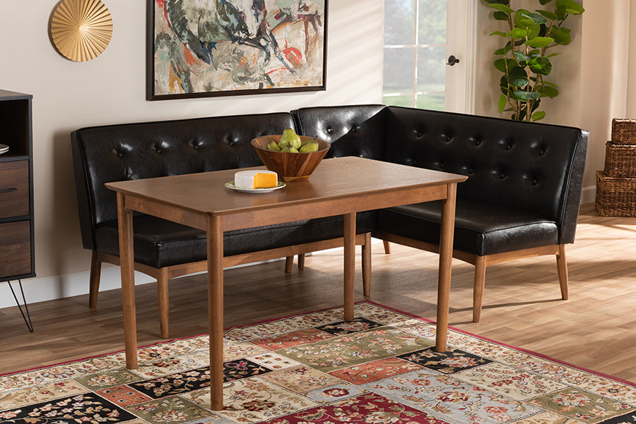 Baxton Studio Arvid Mid-Century Modern Dark Brown Faux Leather Upholstered 3-Piece Wood Dining Nook Set