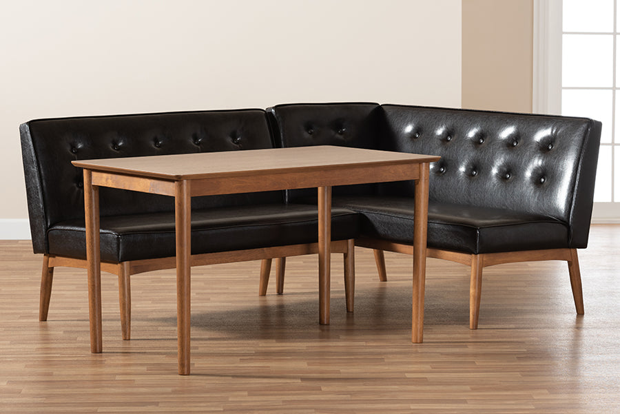 Baxton Studio Arvid Mid-Century Modern Dark Brown Faux Leather Upholstered 3-Piece Wood Dining Nook Set