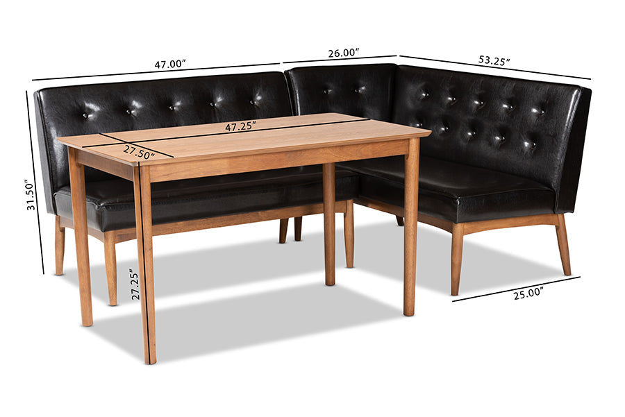 Baxton Studio Arvid Mid-Century Modern Dark Brown Faux Leather Upholstered 3-Piece Wood Dining Nook Set