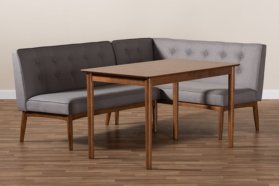 Baxton Studio Arvid Mid-Century Modern Gray Fabric Upholstered 3-Piece Wood Dining Nook Set