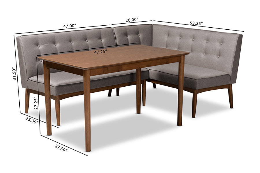 Baxton Studio Arvid Mid-Century Modern Gray Fabric Upholstered 3-Piece Wood Dining Nook Set