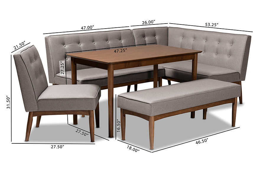 Baxton Studio Arvid Mid-Century Modern Gray Fabric Upholstered 5-Piece Wood Dining Nook Set