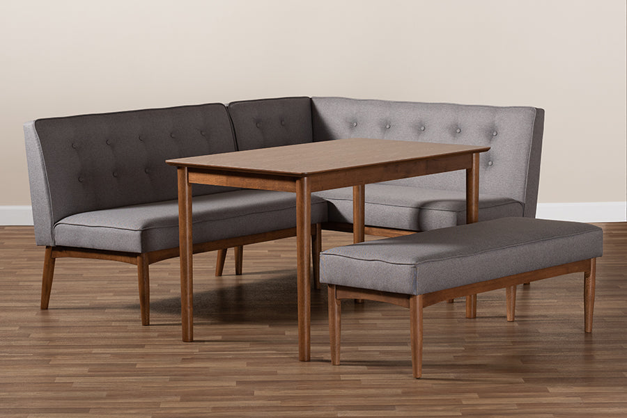 Baxton Studio Arvid Mid-Century Modern Gray Fabric Upholstered 4-Piece Wood Dining Nook Set